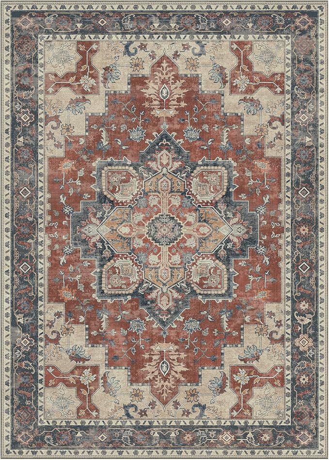 GENIMO 5x7 Area Rugs for Living Room, Machine Washable Non Slip Vintage Rugs, Low Pile Lightweight Print Rug for Bedroom, Dining Room, Home Office,Bordeaux