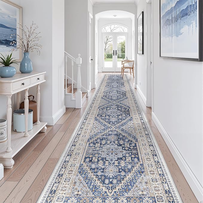 zesthome 3x18 Washable Runner Rug for Hallway, Non-Slip Long Hallway Runner for Entryway, Soft Vintage Kitchen Mats for Floor, Abstract Dining Room, Bedroom, Living Room Rugs(Blue/Beige,3'x18')