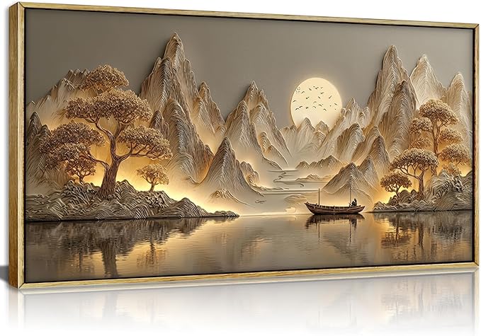 Framed 3D Texture Large Landscape Sunrises Sunset Canvas Wall Art Abstract Mountains Lake Tree Painting Picture Wall Decor Modern Nature Scenery Poster Print Artwork for Living Room Office