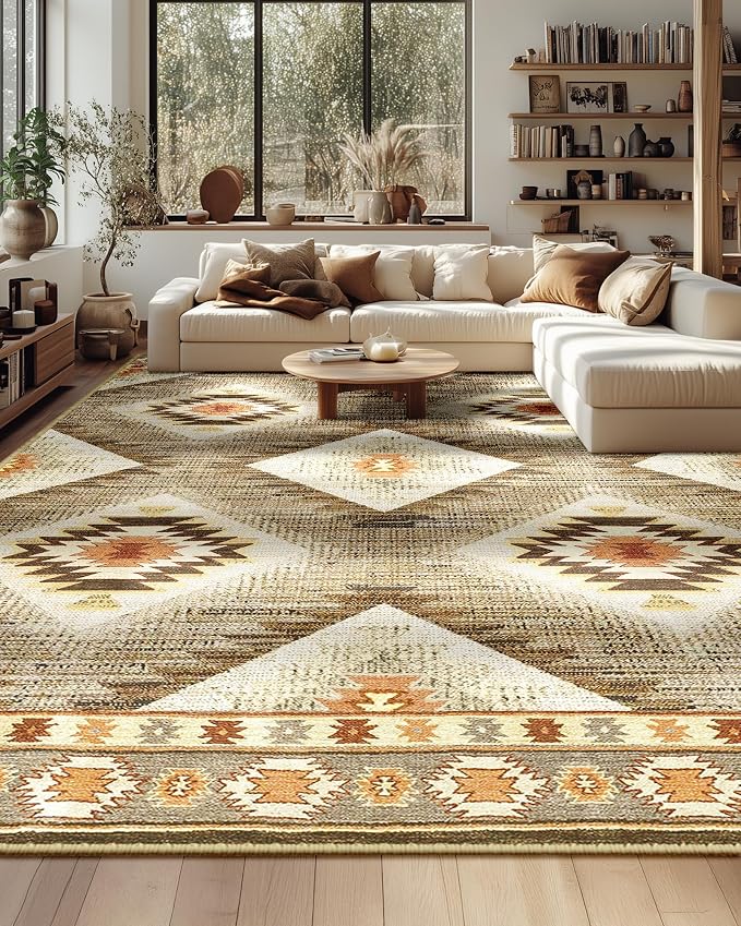 BESTSWEETIE Area Rug 10x12Rug Machine Washable Non-Slip Low Pile Print Pattern Western Rug for Living Room Bedroom Entryway Tribal Series-Cream/Camel