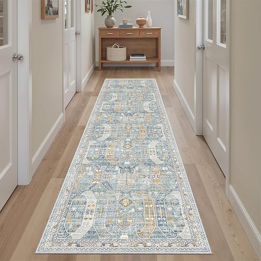 Madane Hallway Runner Rug 2x8 Washable Kitchen Rugs Non-Slip, Blue/Gold | Vintage Machine Washable Low-Pile Floor Carpet 8ft, Soft Ultra-Thin Throw Entry Foyer Mat for Entrance Laundry Living Room