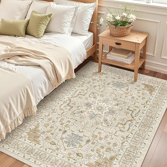 Madane Area Rug 3x5, Washable Vintage Entry Rugs for Bedroom, Beige/Blue | Vintage Entryway Bedroom Non Slip Door Mat Indoor Entrance, Kitchen Runner Living Room Laundry Playroom Soft Floor Carpets
