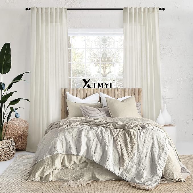 Linen Cotton Curtains for Living Room, Cream Off White Natural Fabric Light Filtering Semi Sheer Curtains 84 Inches Long, Ivory Pleated Farmhouse Curtain Drapes 84 Inch Length 2 Panels Set Dining Room