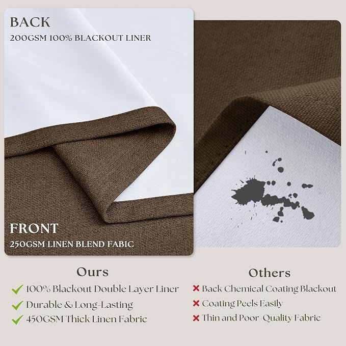 102 Inch Linen Pleated Black Out Curtains 2 Panels Set for Bedroom Living Room Darkening 100% Blackout Memory Trained Farmhouse Rustic Farmhouse Pinch Pleat Window Curtain Brown 102 Inch Dutch Cocoa