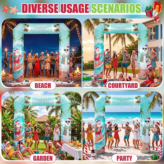 Jenaai Christmas in July Inflatable Arch, 8.53 x 7.53 ft Tropical Christmas Blow Up Arch with LED Lights, Hawaiian Luau Party Entrance for Outdoor Yard Beach Party Decorations