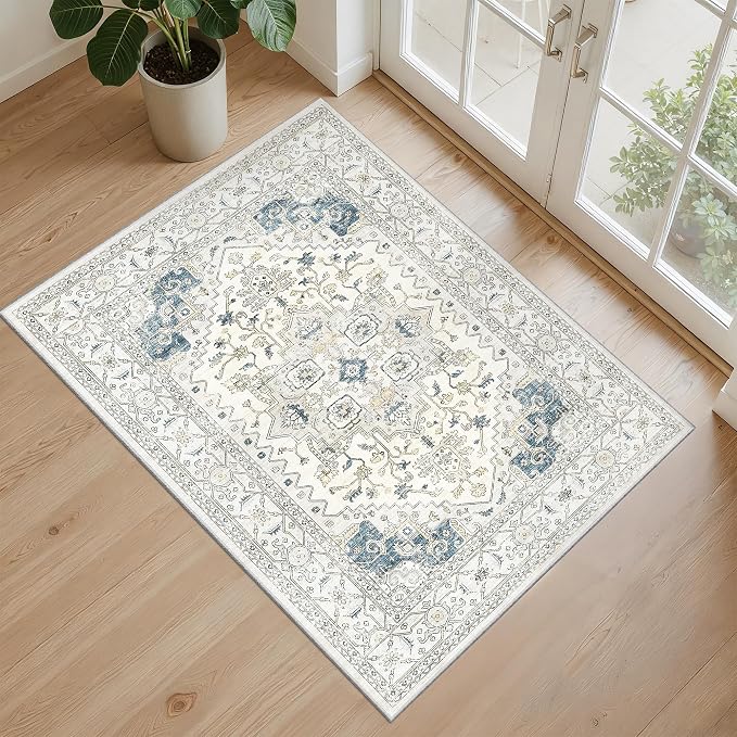 2x3 Entryway Area Rug - Neutral Washable Rugs for Dining Room Kitchen Rug Vintage Soft Floor Mat Non Slip Indoor Farmhouse Carpet for Bathroom Bedroom(BeigeBlue)