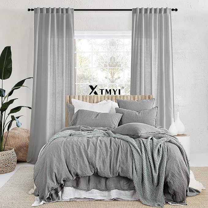 XTMYI Light Grey Curtains for Living Room Bedroom,Linen Boho Back Tab Pleated Sheer Curtain Set of 2 Panels,90 Inches Long