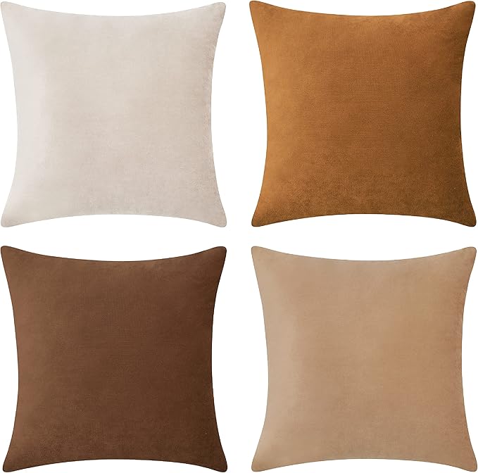 MONDAY MOOSE Decorative Throw Pillow Covers Cushion Cases, Set of 4 Soft Velvet Modern Designs, Mix and Match for Home Decor, Pillow Inserts Not Included (22x22 inch, Brown/Beige)