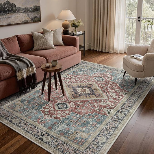 GENIMO 5X7 Washable Vintage Area Rugs for Living Room, Non-Slip Low Pile Chenille Print Rug, Soft Rugs for Bedroom Dining Room Home Office, Indigo & Flush