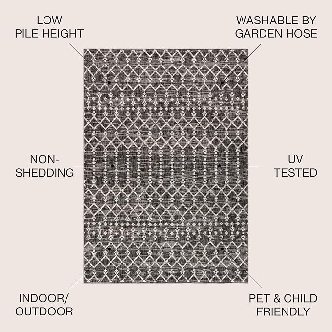 JONATHAN Y Moroccan Geometric Indoor Outdoor Square Area Rug 8X8 Black/Gray, Ourika Textured Weave for Backyard, Patio, Porch, Easy-Cleaning, High Traffic, Pet-Friendly, Non-Shedding (SMB108F-8SQ)