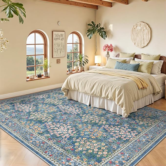 6x9 Area Rugs, Washable Floral Area Rugs for Living Room, Indoor Area Rug for Bedroom, Dining Room, Low Pile Non-Slip Non Shedding Rug(Blue Floral)