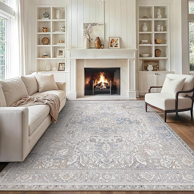 GENIMO 6x9 Area Rugs for Living Room, Machine Washable Rug, Non Slip Indoor Vintage Rug, Low Pile Lightweight Print Carpet for Bedroom Dining Room Home Office, Khaki Blue