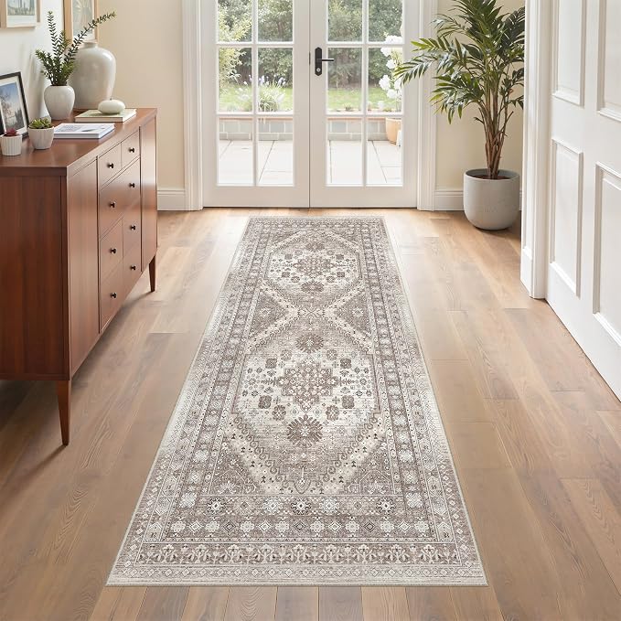 befbee Washable Runner Rug 2x6 Hallway Runner Rug Ultra-Thin Kitchen Rug Non Slip Indoor Floor Foldable Carpet with Low Pile for Entryway Bathroom Laundry Room Living Room(Brown/Beige,2'x6')