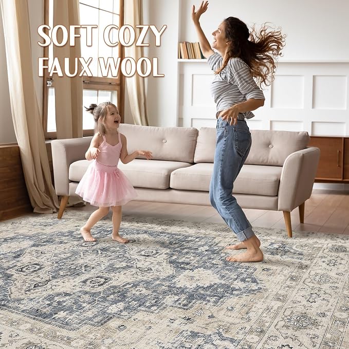 9x12 Area Rug Living Room: Washable Boho Large Neutral Vintage Soft Rugs Stain Resistant Distressed Farmhouse Non-Slip Indoor Floor Carpet for Bedroom Nursery Kids Office Dining Room- Brown Blue