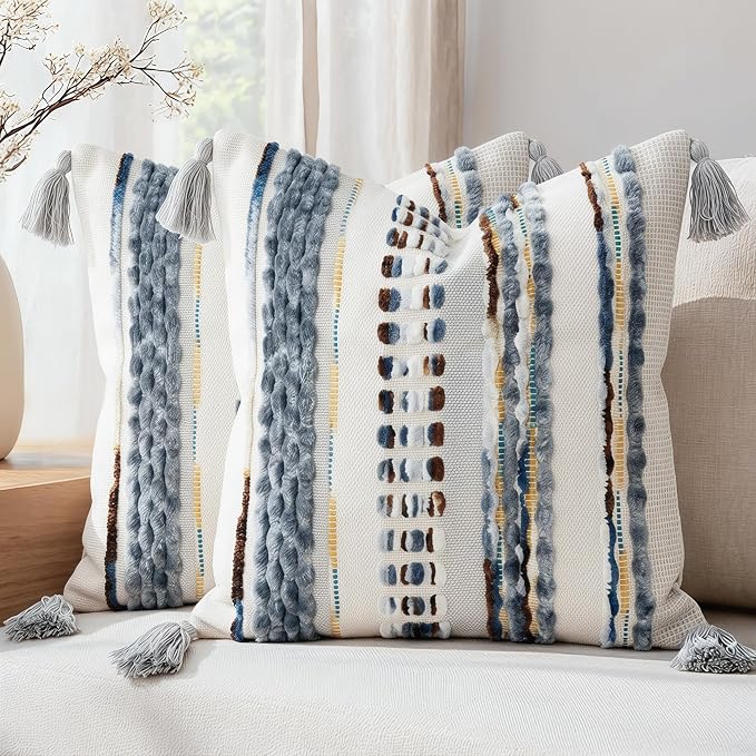 NUYECY Boho Throw Pillow Covers 18x18 Aesthetic Neutral Boucle Couch Pillow Cover Rainbow Striped Decorative Accent Pillow Case for Couch Bed Sofa Farmhouse,Modern Funky,Set of 2 Brown-Grey