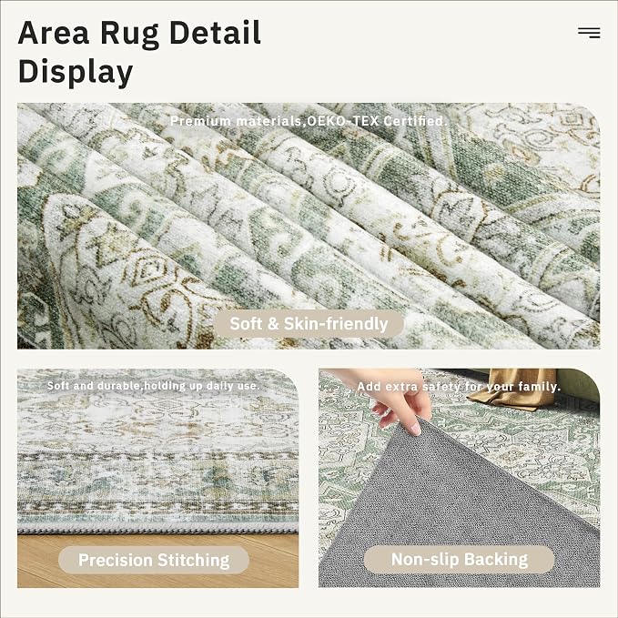 Soalmost 6x9 Area Rug for Living Room Washable 6x9 Rug Non-Slip Modern Rugs for Bedroom Dinning Room Ultra-Thin Indoor Green/Brown Rug