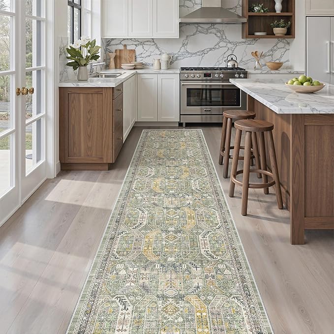 Madane Washable Runner Rugs 2x10 Long for Hallway Kitchen, Green/Gold | Non-Slip Low-Pile 10ft Rug Runners Soft, Stain-Resistant Floor Carpet Mat for Entrance, Living Dining Laundry Room
