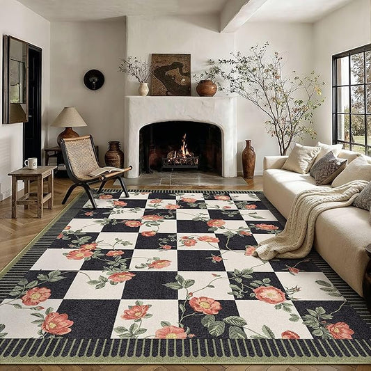 HUGEAR 8x10 Checkered Area Rugs Machine Washable Black and White Large Living Room Rug Floral Print Non-Slip Stain Resistant Low Pile Indoor Throw Carpet for Bedroom Home Unique Aesthetic Modern Decor