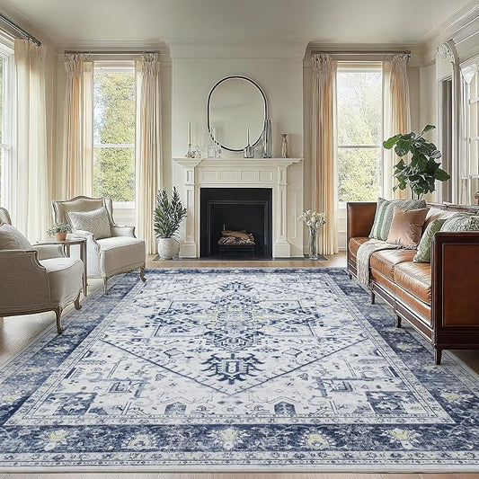 AMADA HOMEFURNISHING Washable Area Rug, Low-Profile Large Area Rug with Non-Slip Backing & Durable Edge Binding, Vintage Large Rugs for Living Room, Bedroom, Dinning Room, 8x10, Navy Blue/White
