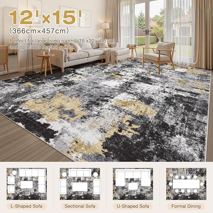 Abstract 12x14 Area Rug: Machine Washable Non Slip Ultra Thin Low-Pile Carpet, Soft Stain Resistant for Living Room Bedroom Office, Kid Pet Friendly, Robot Vacuum Compatible - Black Gold