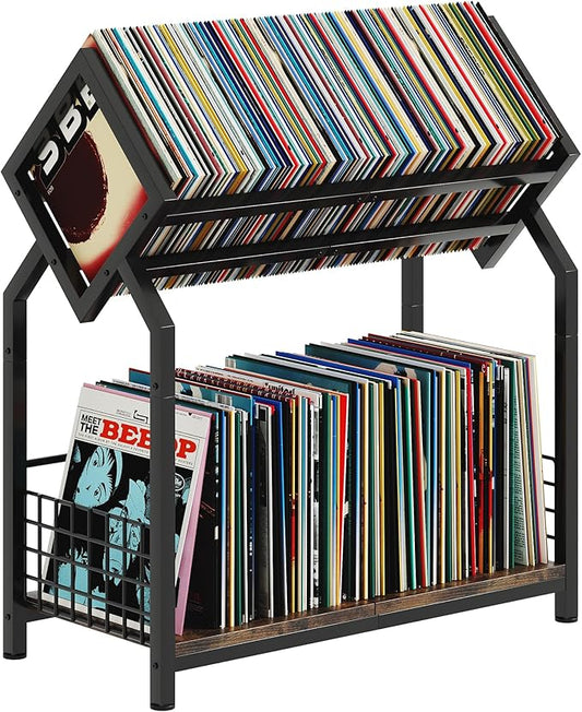 2-Tier Vinyl Record Storage Holder with Dividers, 24.4''W Vinyl Record Display, 300 LPs Vinyl Record Storage Rack, Suitable for Magazines, Books, Documents, Albums