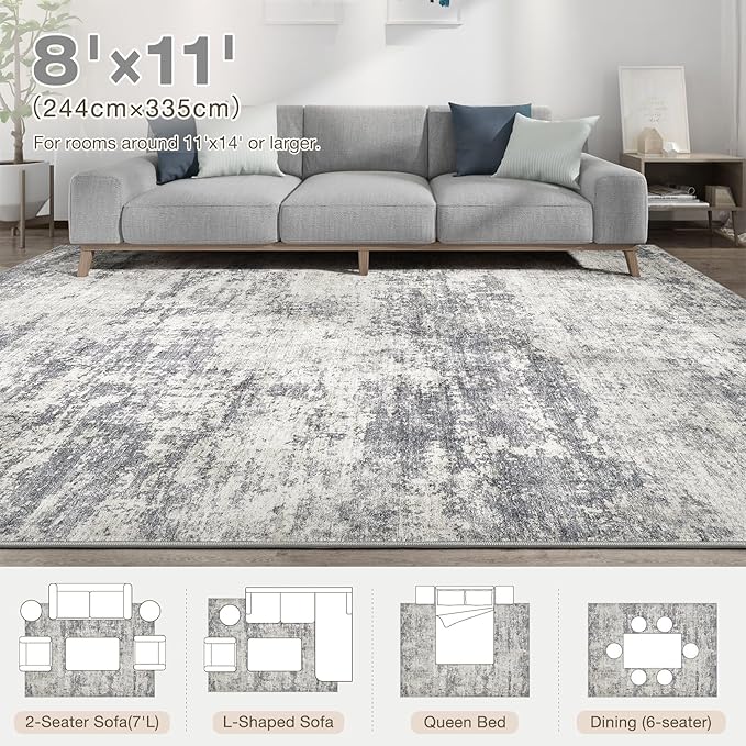 Abstract 8x11 Area Rug: Machine Washable Non Slip Ultra Thin Low-Pile Carpet, Soft Stain Resistant for Living Dining Room Bedroom, Kid Pet Friendly, Robot Vacuum Compatible - Dark Grey/Beige