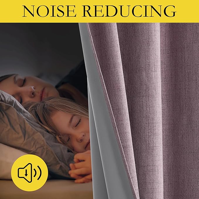 NICETOWN Chaise Mauve Vintage Linen 100% Blackout Curtains for Living Room, Thermal Insulated Curtains 84" Long, Noise Reducing Window Treatment Drapes for Dining Room, 62" Wide Per Panel, Set of 2
