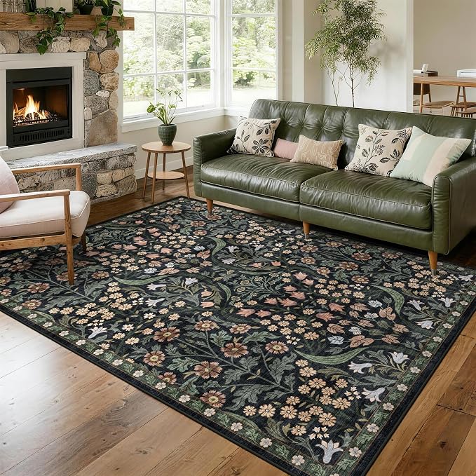 5x7 Washable Area Rug for Living Room, Floral Non-Slip Non-Shedding & Easy Care, Soft Low Pile Forest Boho Indoor Floor Carpet for Living Room, Bedroom, Farmhouse, Dining Room, Kids Playroom, Black
