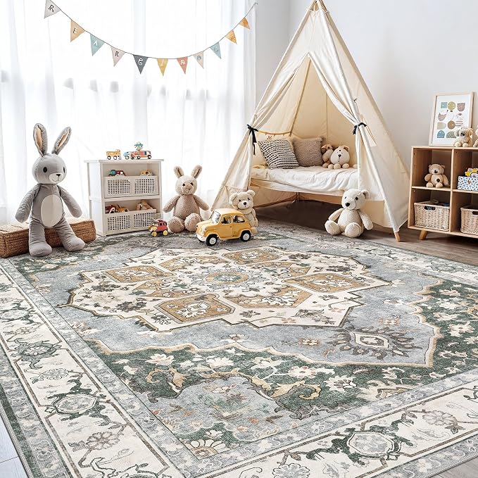 5x7 Washable Area Rug: Vintage Neutral Soft Non Slip Thin Large Floor Carpet for Living Room Bedroom Kitchen Dining Room Home Office Farmhouse Indoor - Green