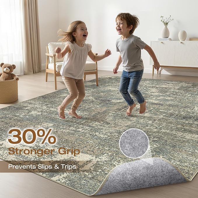 7x9 Area Rug Living Room: Washable Large Neutral Rug Abstract Soft Modern Stain Resistant Indoor Floor Non-Slip Carpet for Bedroom Nursery Kids Office Playroom Dining Room- Green Brown