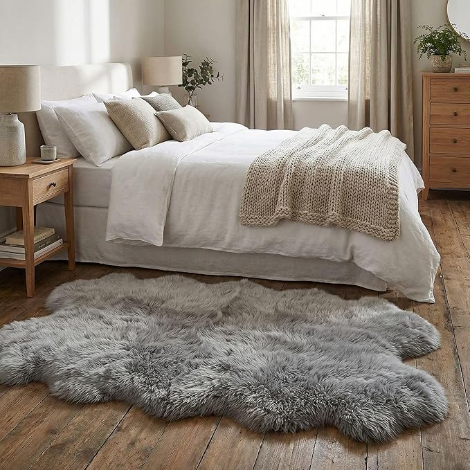 Silver Gray Sheepskin Rug for Bedside - 4x6 Sheep Skin Living Room Rugs - Soft & Fluffy Textured Natural Fur Bedroom Rug