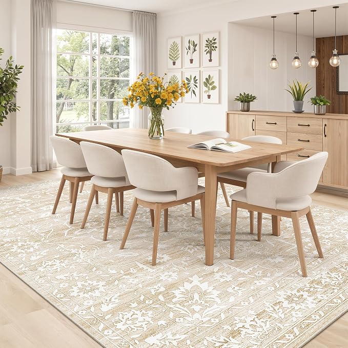 Soalmost 9x12 Area Rugs for Living Room, Washable Neutral Soft Rug Beige | Vintage Floral Non-Slip Low Pile Throw Large Carpet for Dining Room Bedroom Kitchen Home Office 9'x12'
