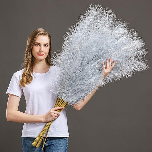 7 Pcs Faux Pampas Grass-45 Inches/3.75ft Large Boho Decor Fluffy Artificial Pompas Grass Décor Tall Vase Filler for Home Wedding Decoration (Silver, 7)