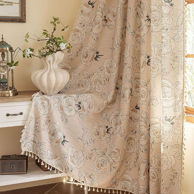 OYX Boho Floral Semi-Blackout Curtains for Bedroom, 2 Panels 52x63 Inches, Grey Rose Vintage Country Pattern with Tassels, Rod Pocket Design, Farmhouse Window Treatments