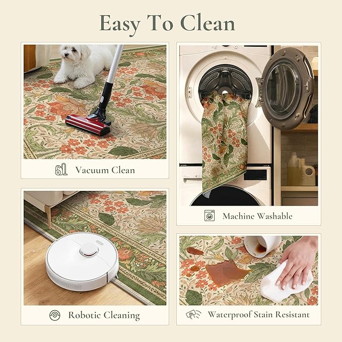 Bavni 3x5 Area Rugs, Floral Machine Washable Rugs for Living Room, Dinning Room, Bedroom, Non Slip Aesthetic Vintage Low Pile Durable Lightweight Farmhouse Rug, Sage Green & Burnt Orange