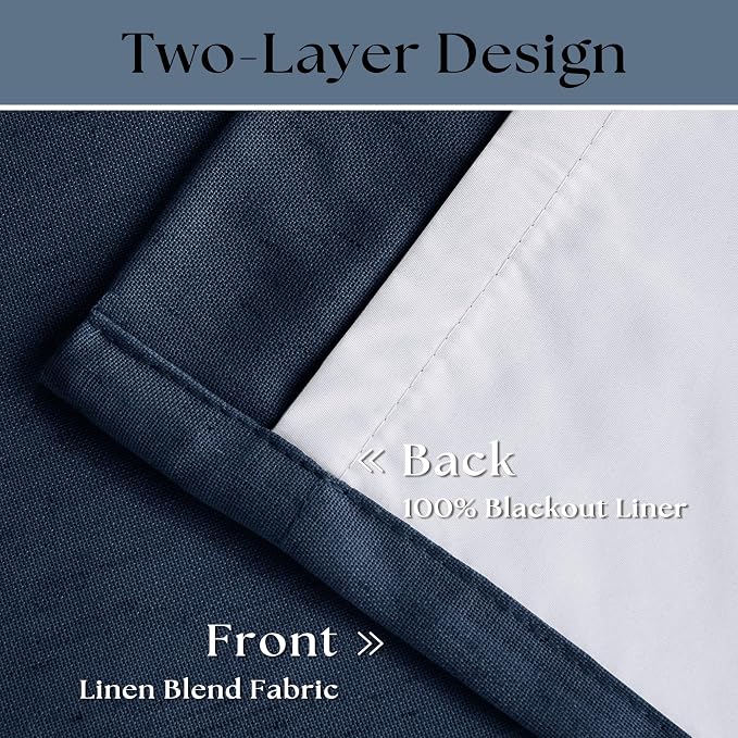 Navy Blue Blackout Linen Curtains 108 Inches Long for Bedroom Pinch Pleated Black Out Curtains Lined 2 Layers Memory Shape Noise Reducing Rustic Farmhouse Living Room Darkening Window Drapes Indigo