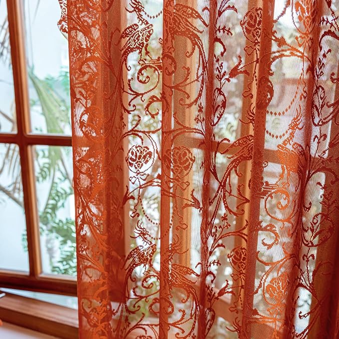 TUDECO Burnt Orange Lace Curtains for Living Room 2 Panels - Vibrant Floral Branch Ruffle Sheer Terracotta Curtains, Boho Rod Pocket Bright Privacy Autumn Window Treatments, 59W x 84L, Terracotta