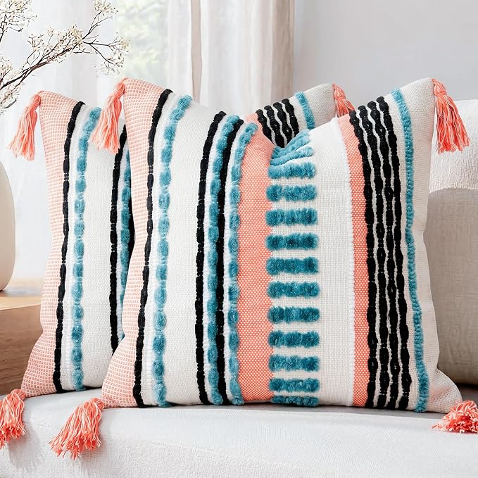 NUYECY Boho Throw Pillow Covers 18x18 Aesthetic Neutral Boucle Couch Pillow Cover Rainbow Striped Decorative Accent Pillow Case for Couch Bed Sofa Farmhouse Bedroom,Modern Funky,Set of 2 Turquoise