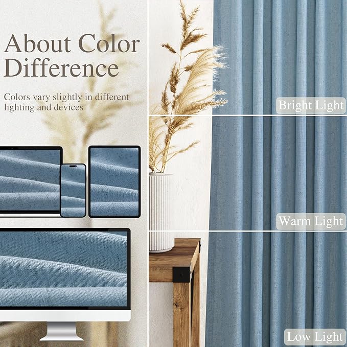 Nanspring Blue Linen Curtains for Living Room 2 Panels Set Extra Long Back Tab Light Filtering Semi Sheer Curtain Drapes for Bedroom Neutral Farmhouse Ceiling to Floor for Large Window 52x100