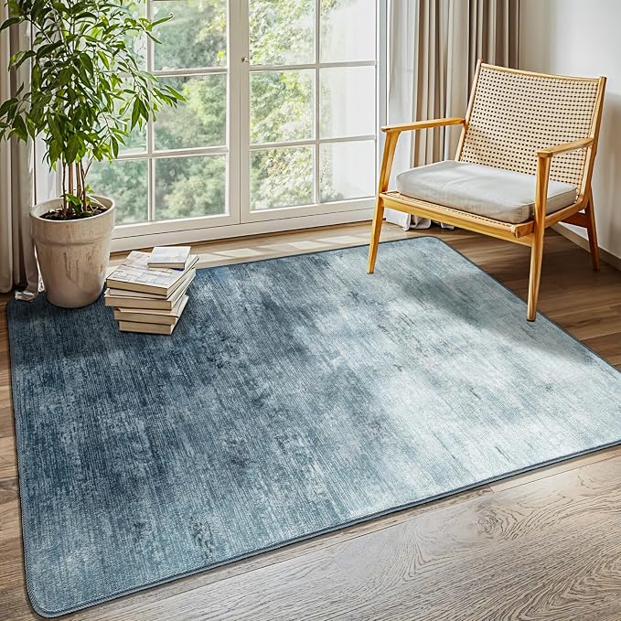3x5 Washable Area Rug, Blue Solid Area Rugs for Living Room & Bedroom | Stain-resistant & Non-slip backing,Low Pile Washable Large Carpet, Solid Vintage Style For High Traffic Areas(3x5,Blue)