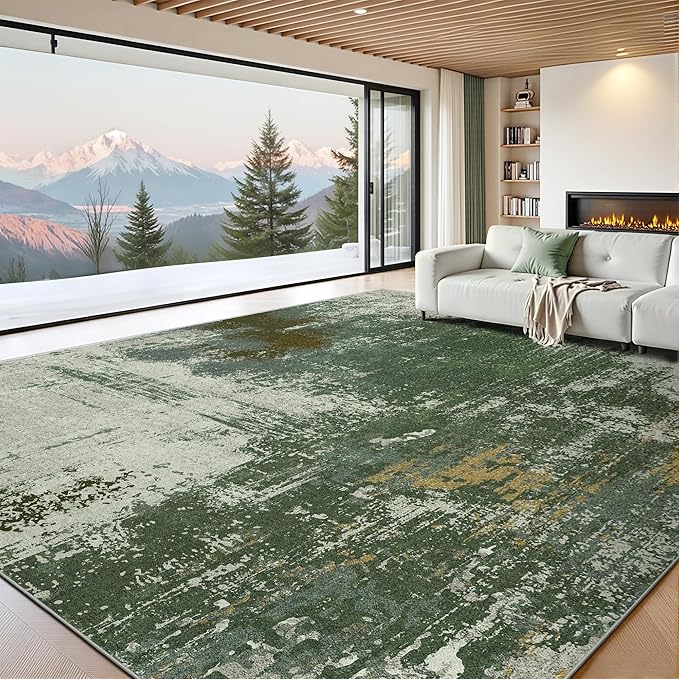 8x10 Rugs for Living Room - Modern Abstract Washable Rug, Ultra Soft Non Slip Low Pile Large Rugs, Floor Carpet for Bedroom Dining Room Office Laundry Nursery Home(Green)