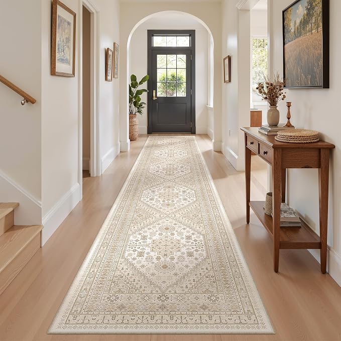 zesthome 2x12 Runner Rug, Long Hallway Rugs for Dining Room, Living Room, Bedroom, Machine Washable Kitchen Carpet Runner with Rubber Backing, Soft Low Pile Indoor Rug (Cream/Beige,2'x12')