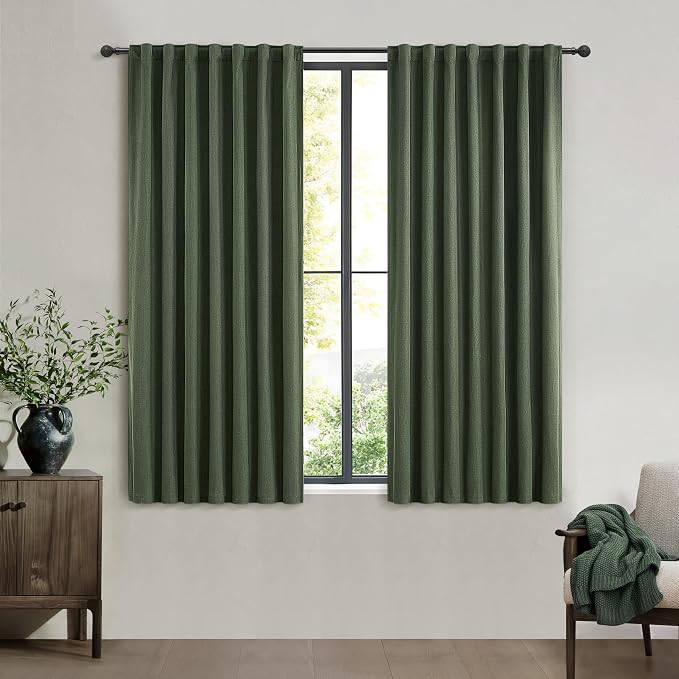 QJmydeco Living Room Green Black Out Curtains 63 Inch Long 2 Panels Set, Thermal Insulated Heat Blocking Curtain for 62-64 Inch Window Vintage Drapes for Bedroom Hooks&Rings&Back Tab (50W x 63L)