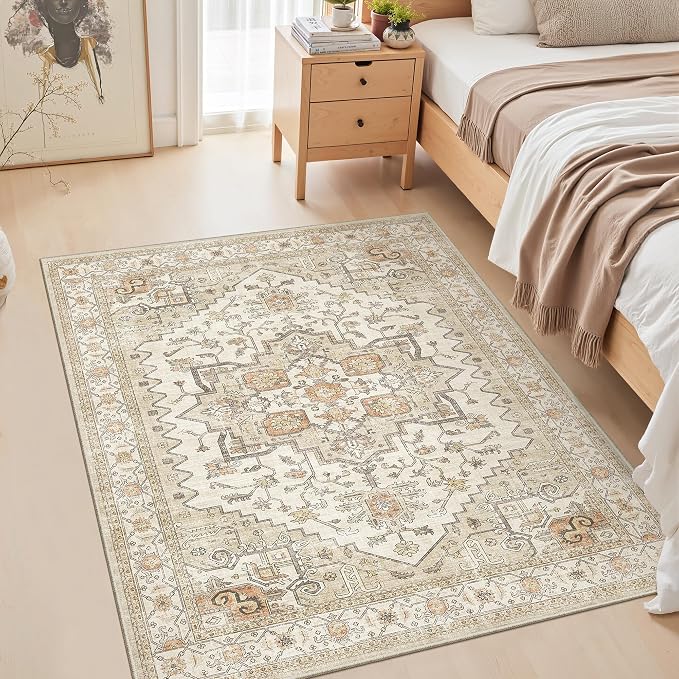 Area Rugs for Living Room - 4x6, Boho Non-Slip Low Pile Carpet Machine Washable Rugs for Bedroom, Farmhouse, Office, Dining Room (Gold)