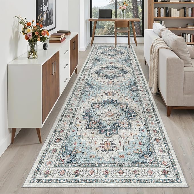 Madane Hallway Runner Rug 3x10 Washable Kitchen Runners 10ft, Blue | Vintage Non-Slip Entryway Area Rugs Indoor, Soft Low-Pile Farmhouse Wide Floor Carpet for Bathroom Living Room Bedroom Foyer
