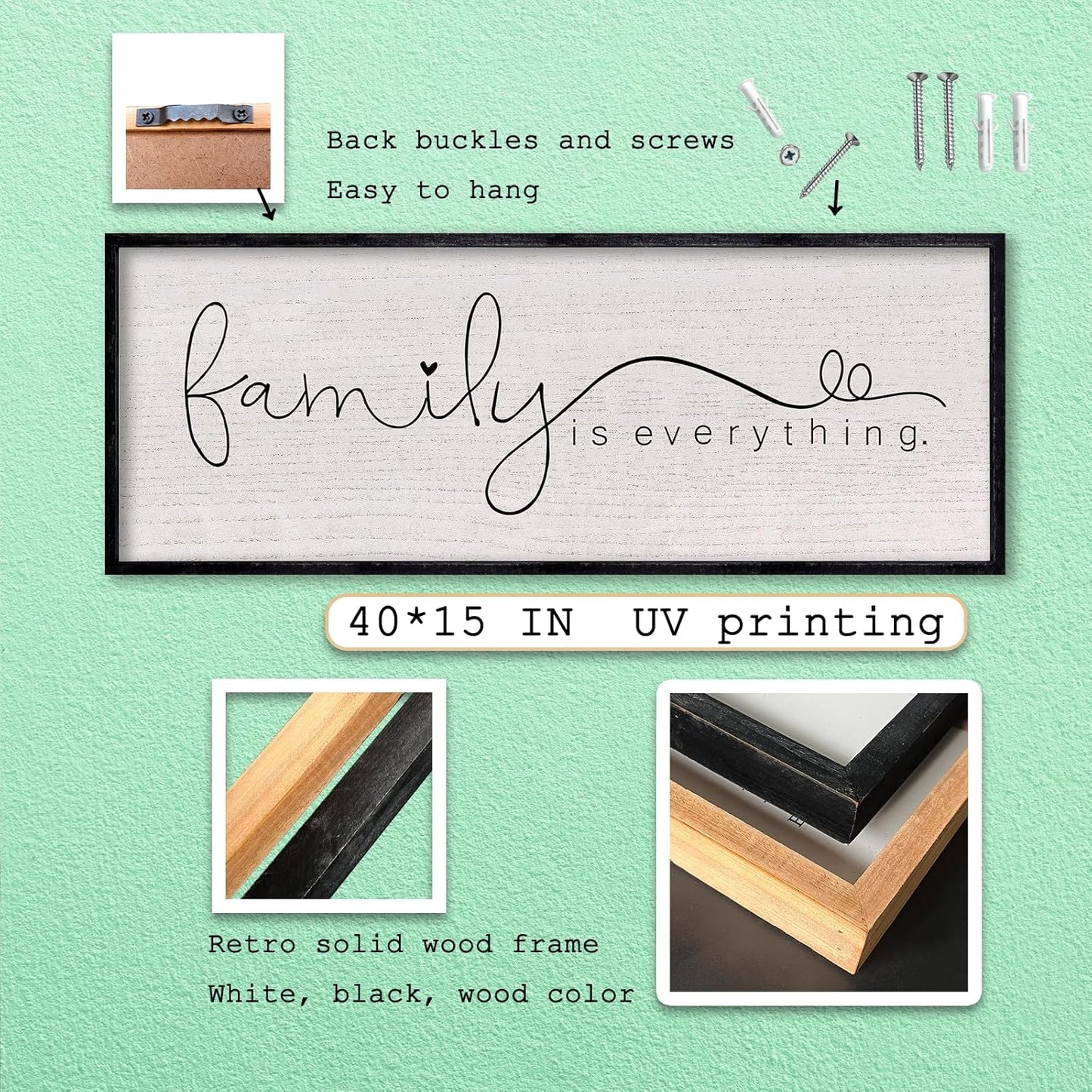 LuZhiQiang Family is Everything Sign Wall Decor 40"x15" Warm Home Sign Wall Art for Entryway Large Hanging Wood Framed (Black)