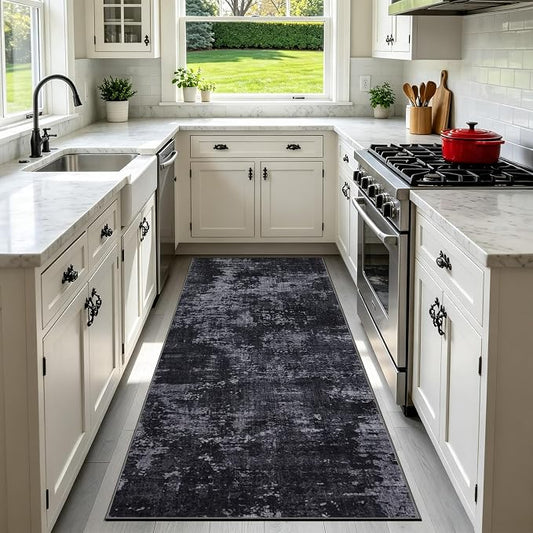 Sasttie 2x6 Soft Runner Rug for Entryway, Modern Abstract Washable Carpet for Hallway, Kitchen and Laundry Room, with Non-Slip Backing, Black and Grey