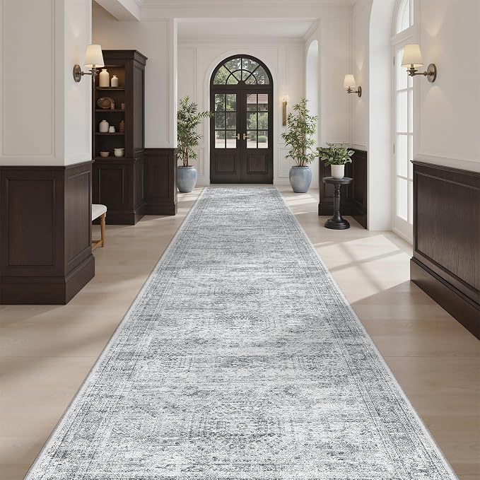 Soalmost Hallway Runner 3x14 - Runner Rugs 14ft Washable Entryway Rug Vintage Kitchen Runners Non Slip Indoor Rug Farmhouse Carpet Runner for Bathroom Living Room Bedroom, Grey