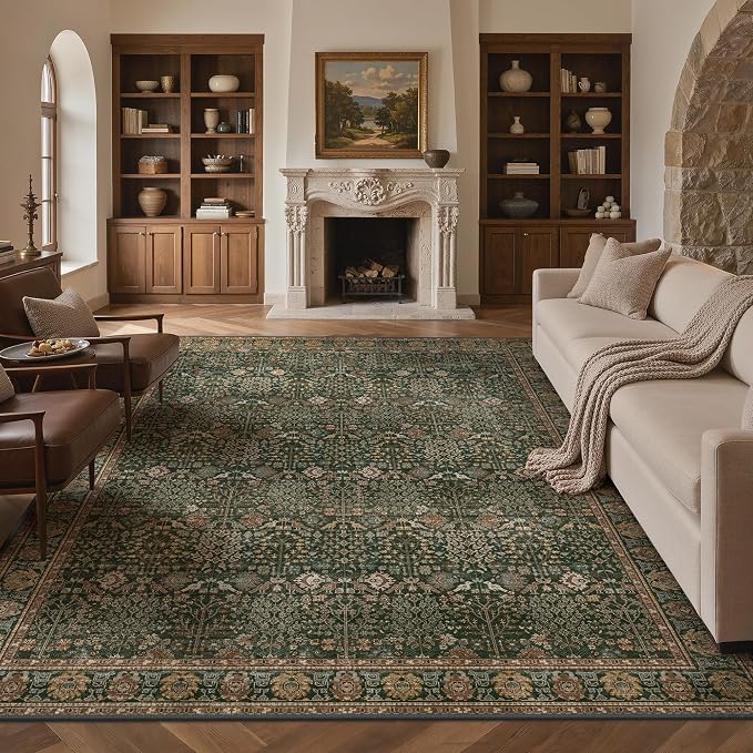 Bavni Washable Rugs 10x12-Machine Washable Rug Lightweight Low Pile, Vintage Floral Rug Non-Shedding Distressed Throw Carpet for Living Room Bedroom Office, Dark Green/Multi