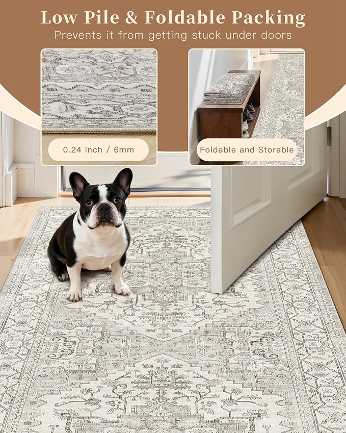 Madane Hallway Runner Rug 3x18 Washable Kitchen Runners 18ft, Beige/Brown | Vintage Non Slip Extra Long Area Rugs for Hallways, Soft Low-Pile Farmhouse Wide Floor Carpet for Entryway Bathroom Bedroom